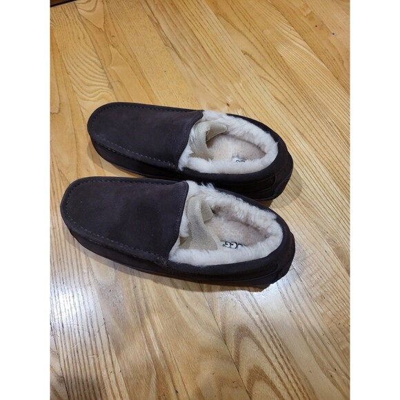 UGG Ascot Slippers Mens 7 Brown Espresso Suede Wool Lined Loafer Hard Sole